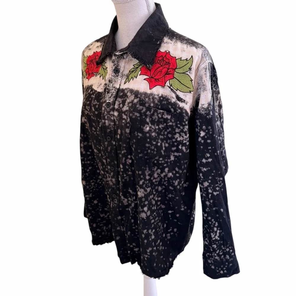 A Rare Bird "Smell the Roses" Distressed Black Flannel Shirt Rose Embroidery - Picture 5 of 12